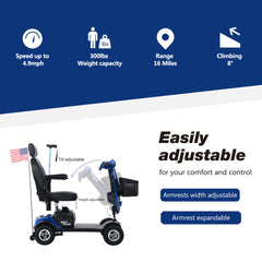 MAX PLUS BLUE 4 Wheels Outdoor Compact Mobility Scooter with 2pcs*20AH Lead acid Battery,Max Driving Range 16 Miles with Cup holders & USB charger port