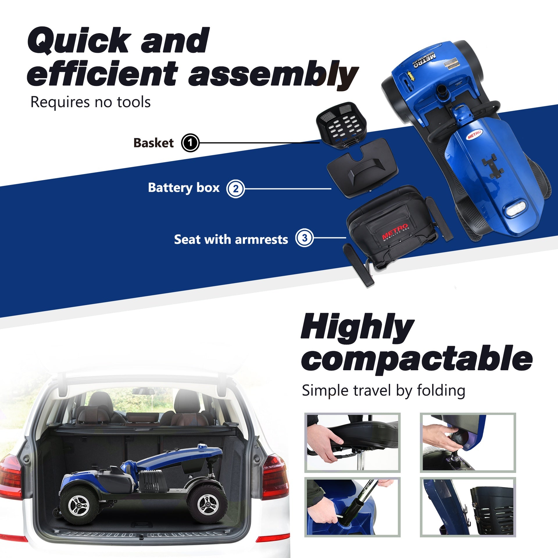 MAX PLUS BLUE 4 Wheels Outdoor Compact Mobility Scooter with 2pcs*20AH Lead acid Battery,Max Driving Range 16 Miles with Cup holders & USB charger port