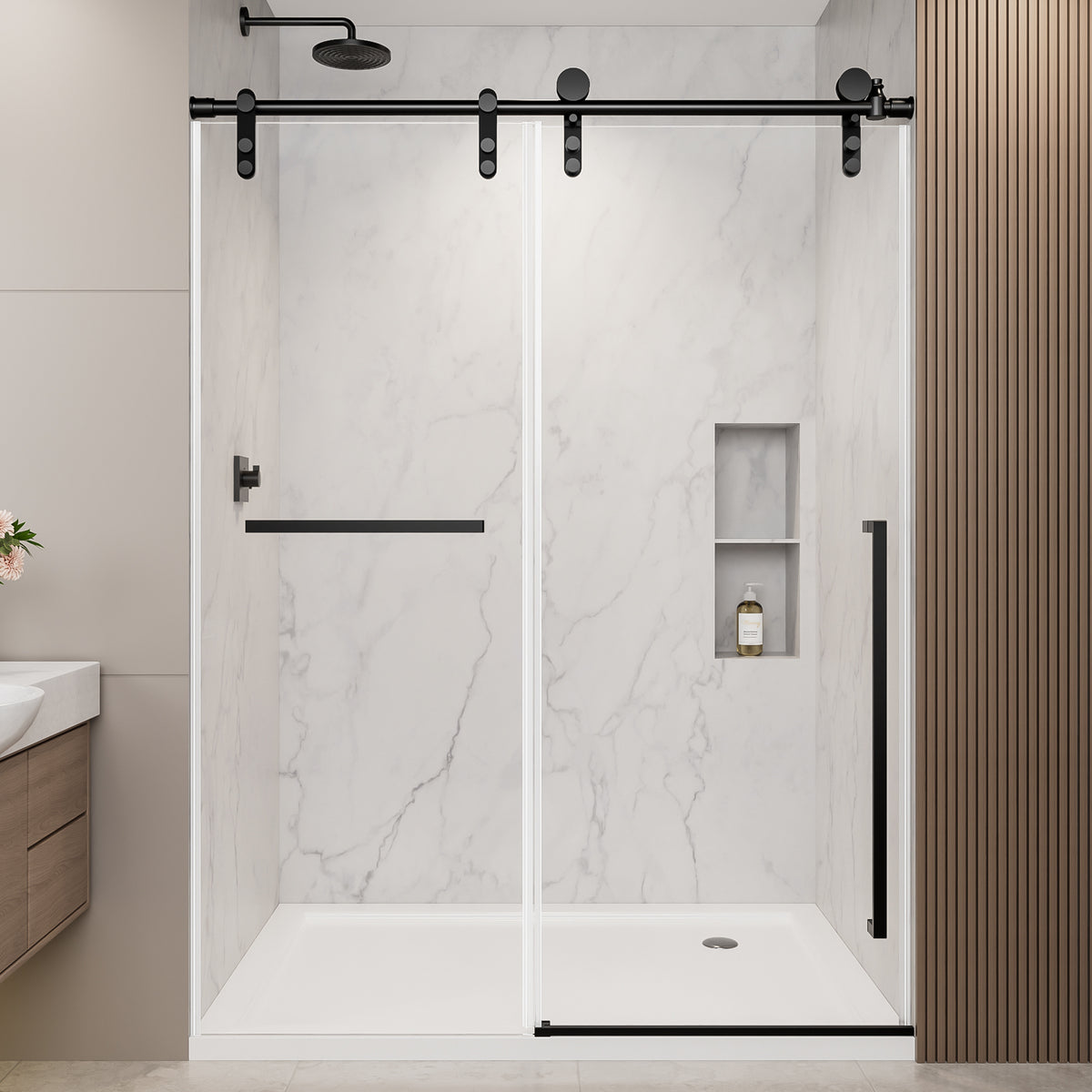 44"-48" W x 76" H Frameless Sliding Shower Door, Matte Black Shower Screen, 5/16" (8mm) Clear Tempered Glass With Explosion-proof Film