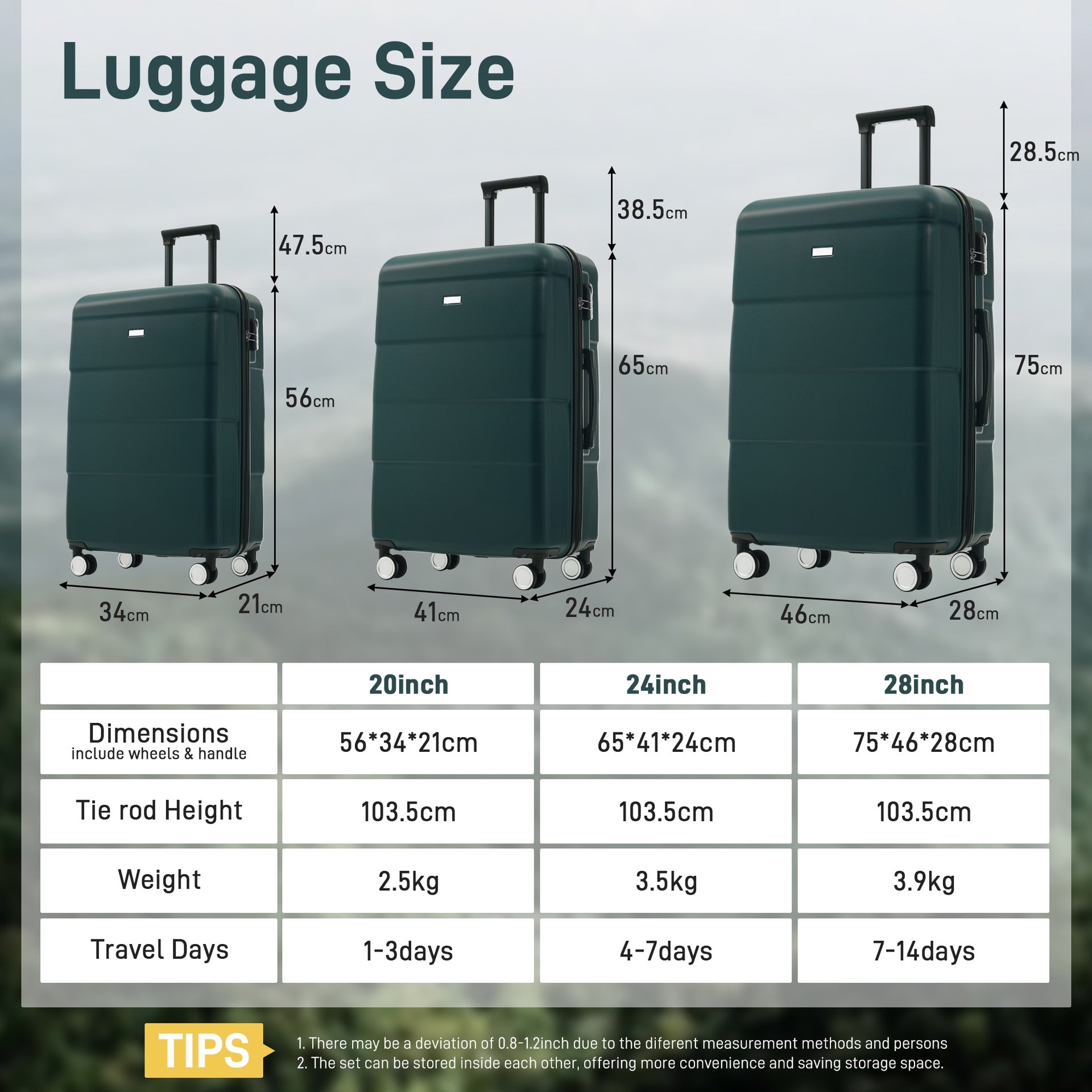 Hardshell Luggage Sets 3 Piece Double Spinner Wheels Suitcase with Handle Password Lock, Lightweight 20"+24"+28" Luggages