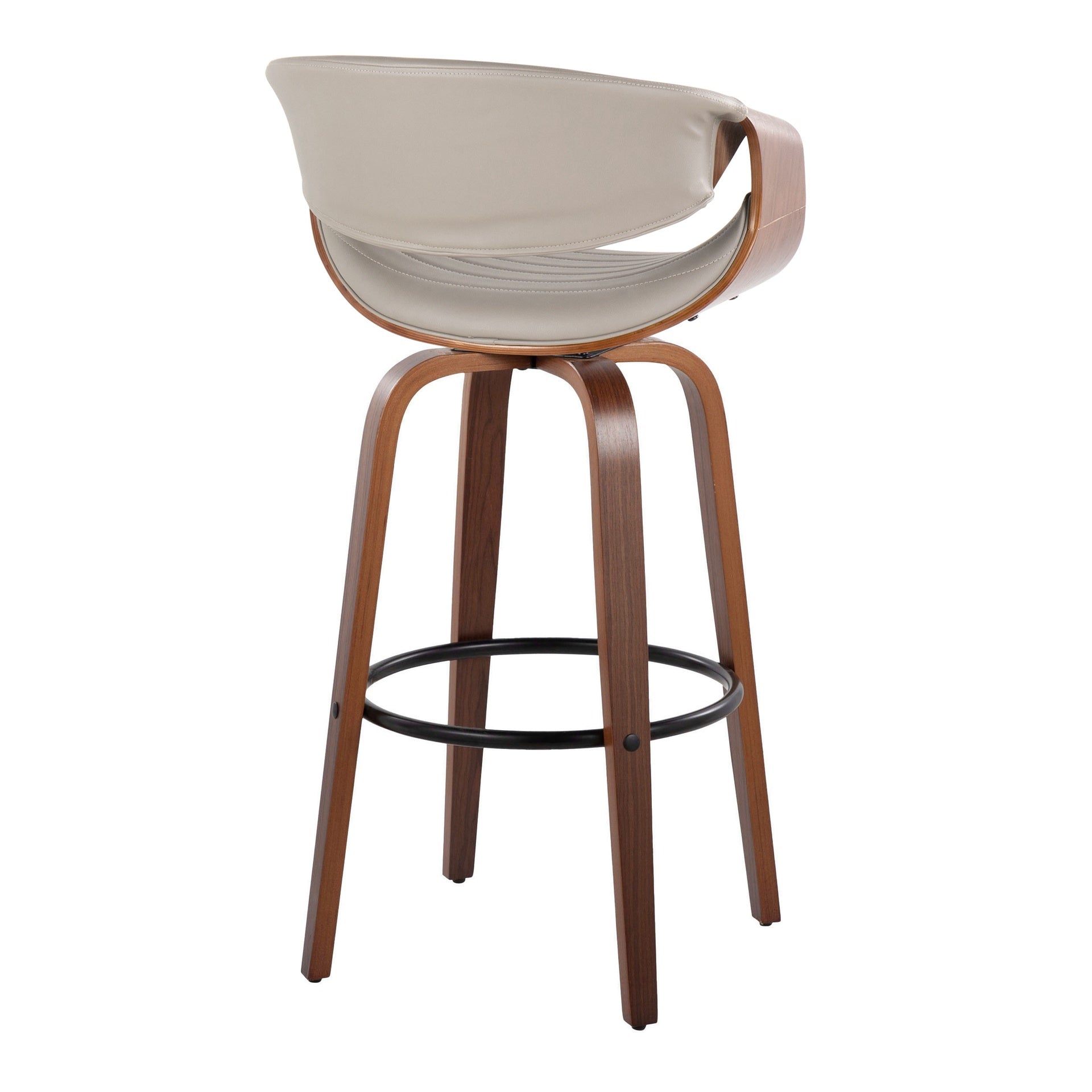 Symphony 30" Mid-Century Modern Fixed-Height Barstool with Swivel in Walnut Wood and Pewter Grey Faux Leather with Round Black Metal Footrest by LumiSource - Set of 2