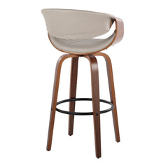 Symphony 30" Mid-Century Modern Fixed-Height Barstool with Swivel in Walnut Wood and Pewter Grey Faux Leather with Round Black Metal Footrest by LumiSource - Set of 2