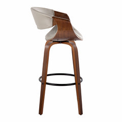 Symphony 30" Mid-Century Modern Fixed-Height Barstool with Swivel in Walnut Wood and Pewter Grey Faux Leather with Round Black Metal Footrest by LumiSource - Set of 2