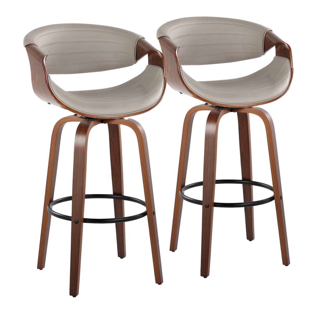Symphony 30" Mid-Century Modern Fixed-Height Barstool with Swivel in Walnut Wood and Pewter Grey Faux Leather with Round Black Metal Footrest by LumiSource - Set of 2