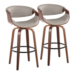 Symphony 30" Mid-Century Modern Fixed-Height Barstool with Swivel in Walnut Wood and Pewter Grey Faux Leather with Round Black Metal Footrest by LumiSource - Set of 2