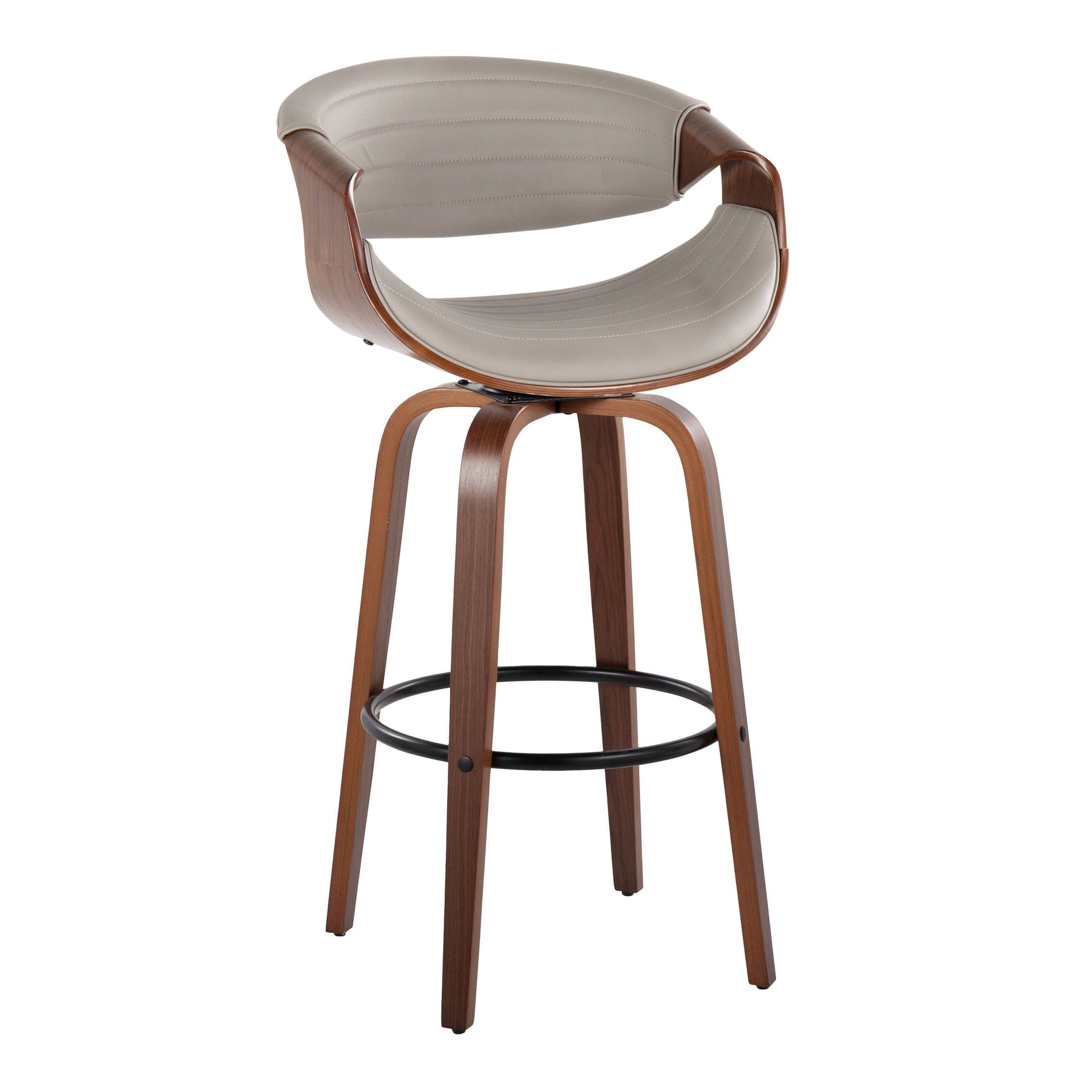 Symphony 30" Mid-Century Modern Fixed-Height Barstool with Swivel in Walnut Wood and Pewter Grey Faux Leather with Round Black Metal Footrest by LumiSource - Set of 2