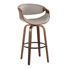 Symphony 30" Mid-Century Modern Fixed-Height Barstool with Swivel in Walnut Wood and Pewter Grey Faux Leather with Round Black Metal Footrest by LumiSource - Set of 2