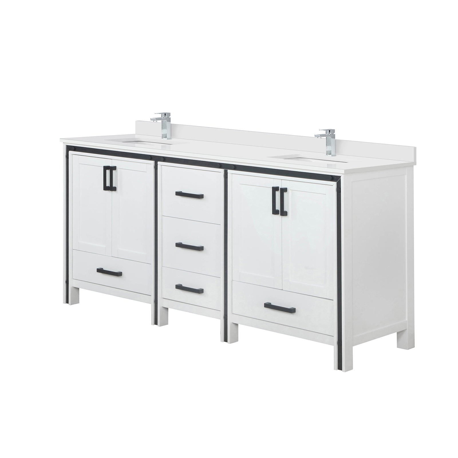 White Double Bath Vanity 72 in. W x 22 in. D, White Quartz Top and Faucet Set