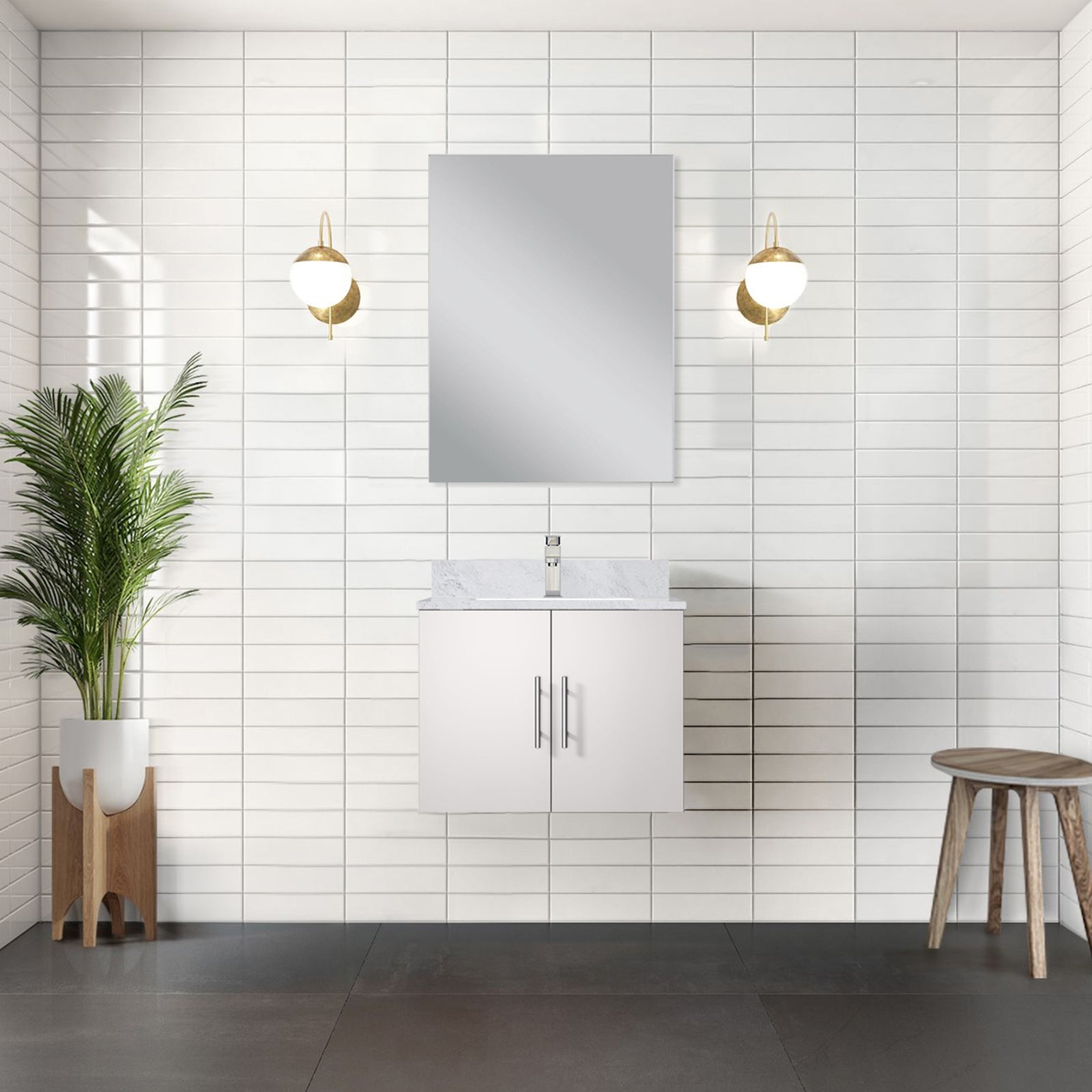 Glossy White Bath Vanity 24 in. W x 22 in. D, Carrara Marble Top, and Faucet Set