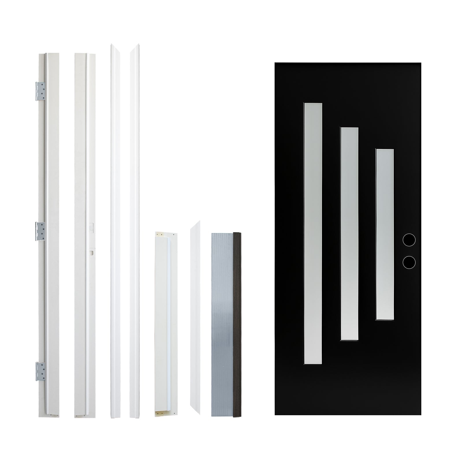 36 x 80 Brush Finished Fiberglass Entry Door with Brickmould,3 Lite Frosted Glass - Modern Style for Home's Front Entrance, 4-9/16 Black Vinyl Frame, Left Hand Inswing,Black Knock-Down Door
