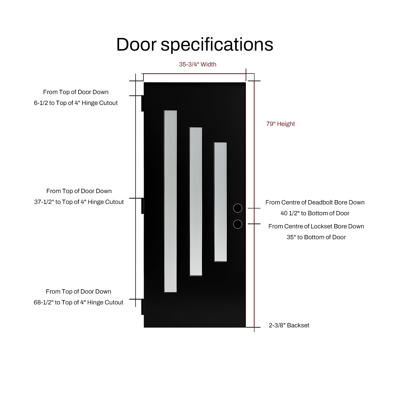 36 x 80 Brush Finished Fiberglass Entry Door with Brickmould,3 Lite Frosted Glass - Modern Style for Home's Front Entrance, 4-9/16 Black Vinyl Frame, Left Hand Inswing,Black Knock-Down Door