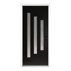 36 x 80 Brush Finished Fiberglass Entry Door with Brickmould,3 Lite Frosted Glass - Modern Style for Home's Front Entrance, 4-9/16 Black Vinyl Frame, Left Hand Inswing,Black Knock-Down Door