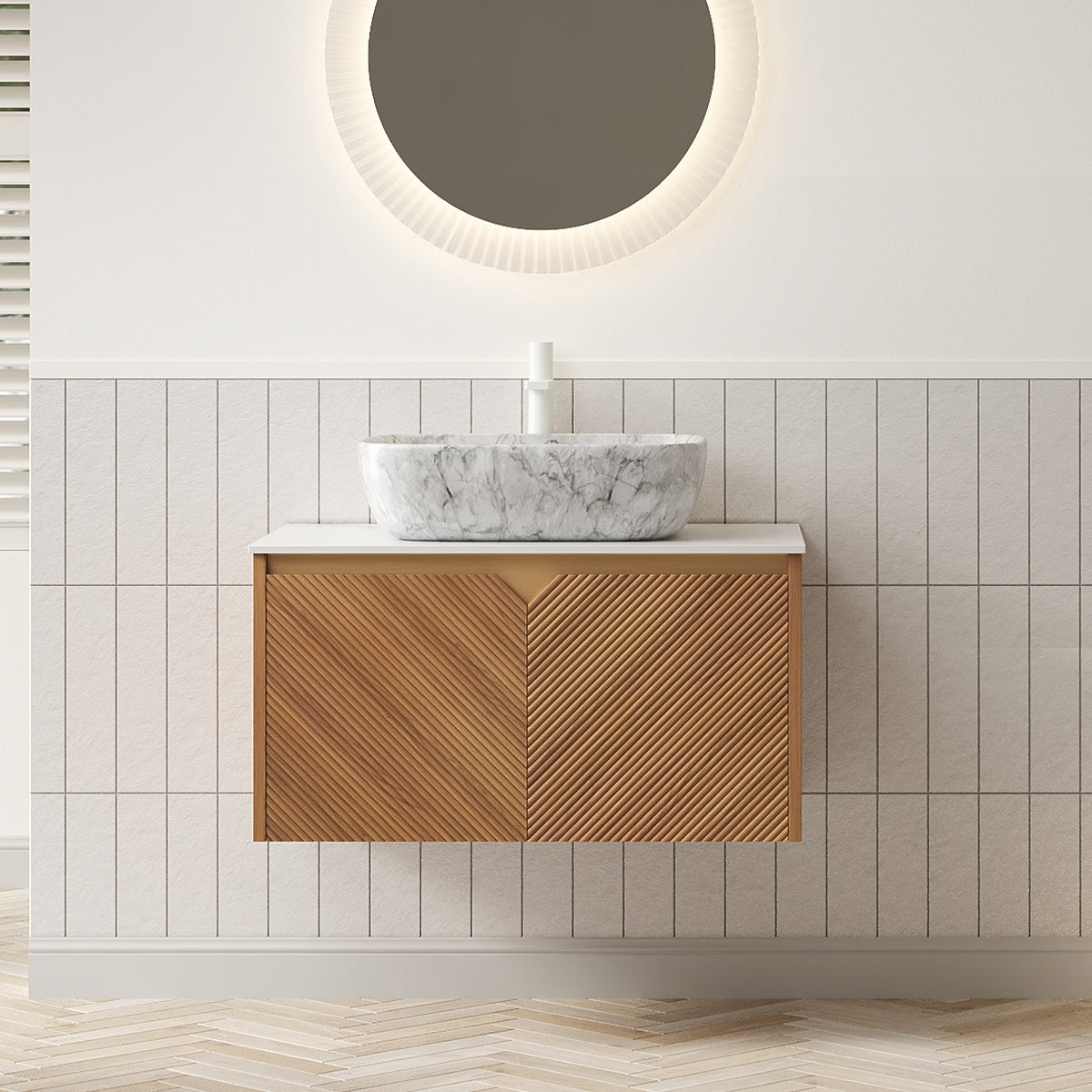 RUBEN 30" Bathroom Vanity&Sink, Floating Plywood Storage Cabinet, Twill Double Doors with Metal Trim, Marble Pattern Ceramic Vessel Basin&Carrara White Sintered Stone Top, Brown Oak Woodgrain Color