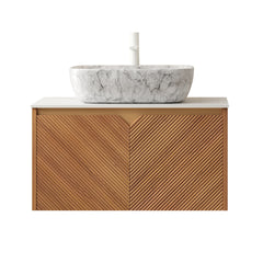 RUBEN 30" Bathroom Vanity&Sink, Floating Plywood Storage Cabinet, Twill Double Doors with Metal Trim, Marble Pattern Ceramic Vessel Basin&Carrara White Sintered Stone Top, Brown Oak Woodgrain Color