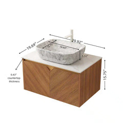 RUBEN 30" Bathroom Vanity&Sink, Floating Plywood Storage Cabinet, Twill Double Doors with Metal Trim, Marble Pattern Ceramic Vessel Basin&Carrara White Sintered Stone Top, Brown Oak Woodgrain Color