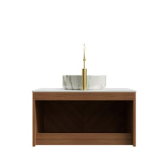 RUBEN 30" Bathroom Vanity&Sink, Floating Plywood Storage Cabinet, Twill Double Doors with Metal Trim, Matte Stone Pattern White Round Ceramic Basin&Sintered Stone Top, Brown Oak Woodgrain (New SKU)