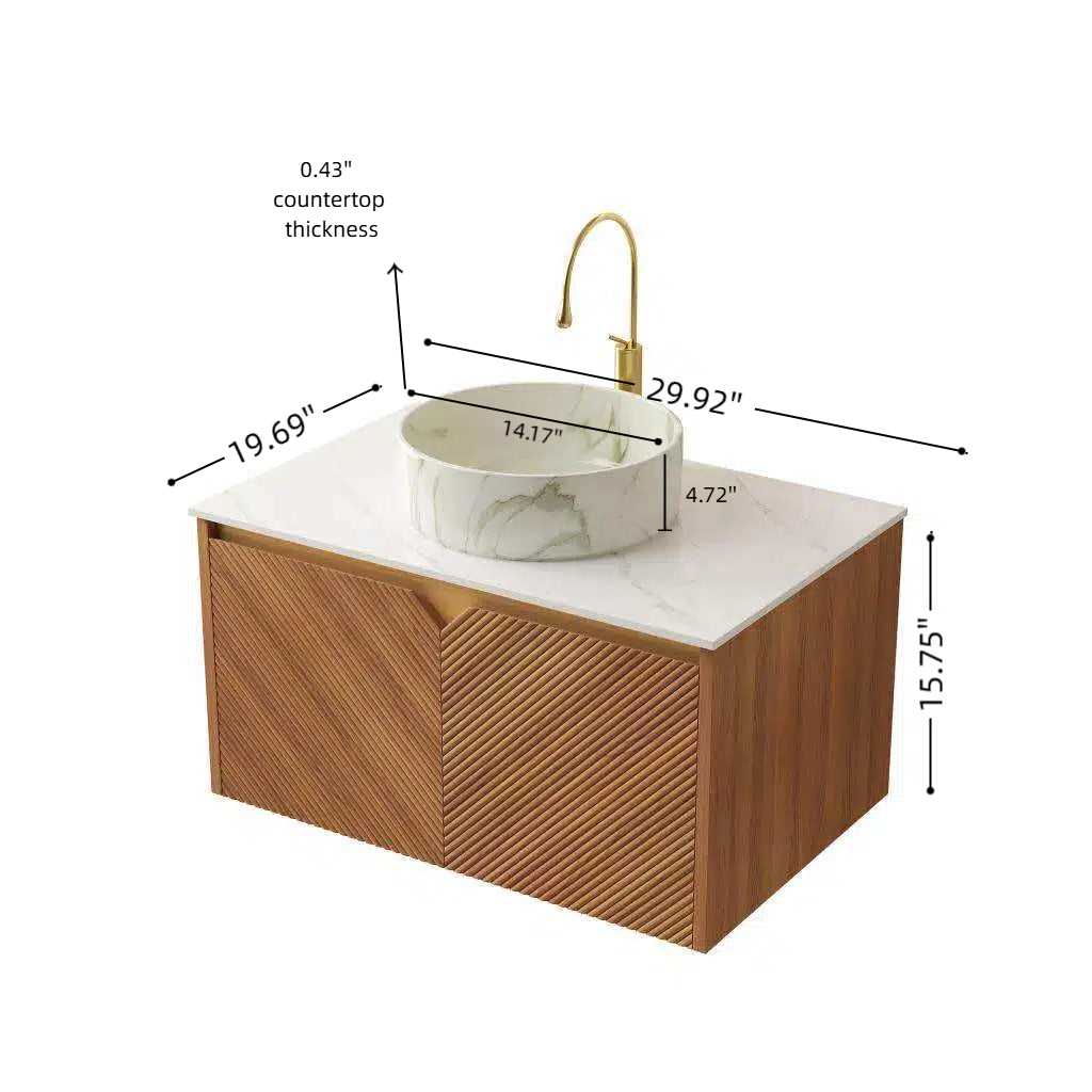 RUBEN 30" Bathroom Vanity&Sink, Floating Plywood Storage Cabinet, Twill Double Doors with Metal Trim, Matte Stone Pattern White Round Ceramic Basin&Sintered Stone Top, Brown Oak Woodgrain (New SKU)