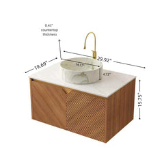 RUBEN 30" Bathroom Vanity&Sink, Floating Plywood Storage Cabinet, Twill Double Doors with Metal Trim, Matte Stone Pattern White Round Ceramic Basin&Sintered Stone Top, Brown Oak Woodgrain (New SKU)