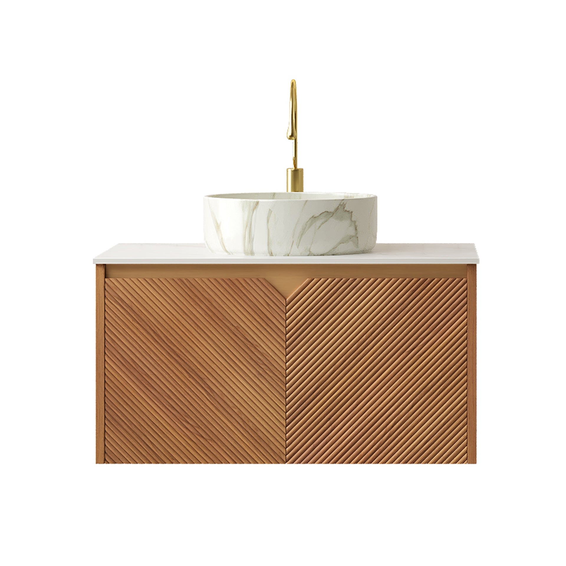 RUBEN 30" Bathroom Vanity&Sink, Floating Plywood Storage Cabinet, Twill Double Doors with Metal Trim, Matte Stone Pattern White Round Ceramic Basin&Sintered Stone Top, Brown Oak Woodgrain (New SKU)