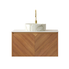 RUBEN 30" Bathroom Vanity&Sink, Floating Plywood Storage Cabinet, Twill Double Doors with Metal Trim, Matte Stone Pattern White Round Ceramic Basin&Sintered Stone Top, Brown Oak Woodgrain (New SKU)