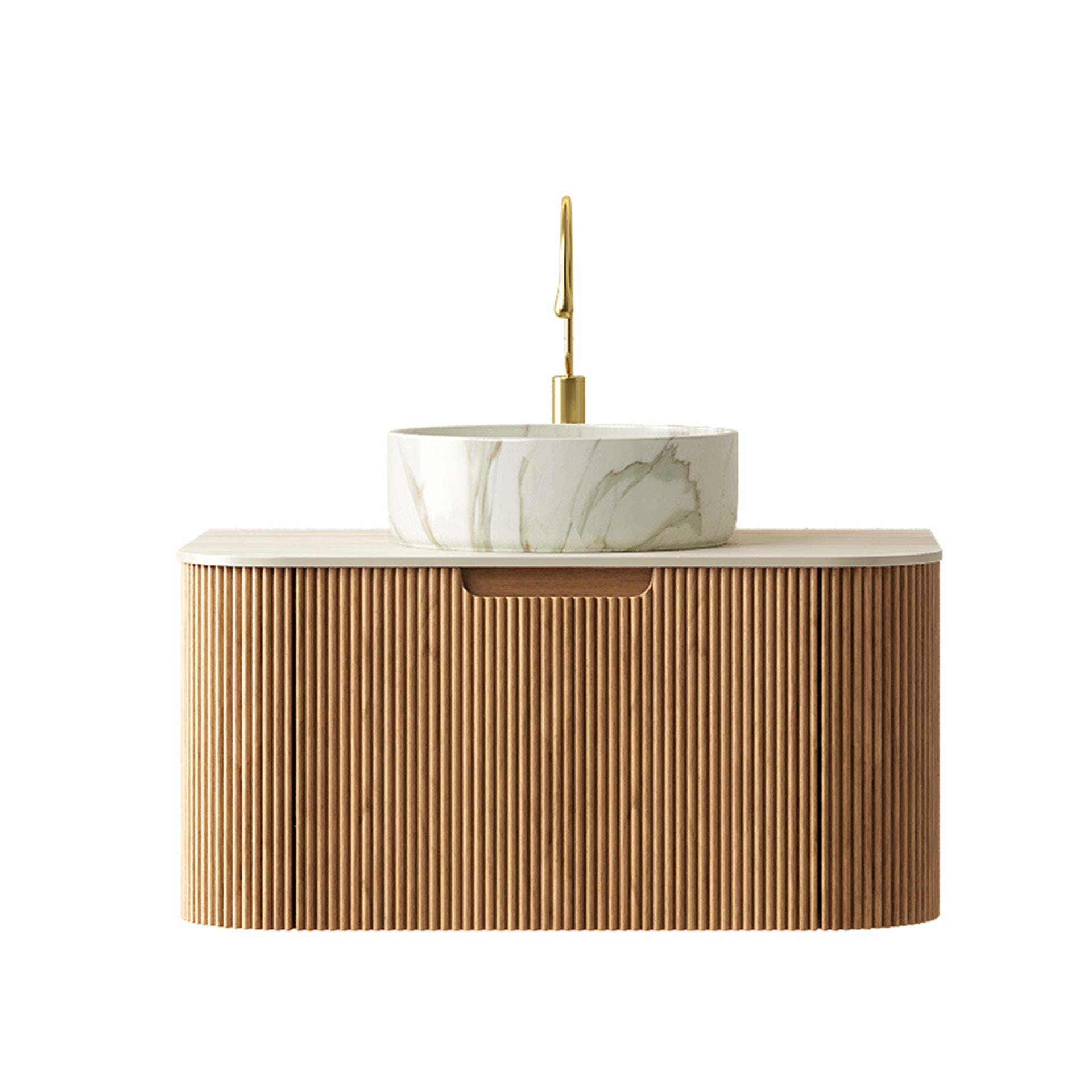 DINA 30" Bathroom Vanity&Sink, Floating Curved Edges Striped Cabinet with Drawer, Round Ceramic Basin with Stone Pattern&Travertine-Pattern Sintered Stone Top, Pre-assembled, Natural Woodgrain Color