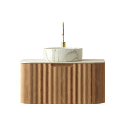 DINA 30" Bathroom Vanity&Sink, Floating Curved Edges Striped Cabinet with Drawer, Round Ceramic Basin with Stone Pattern&Travertine-Pattern Sintered Stone Top, Pre-assembled, Natural Woodgrain Color