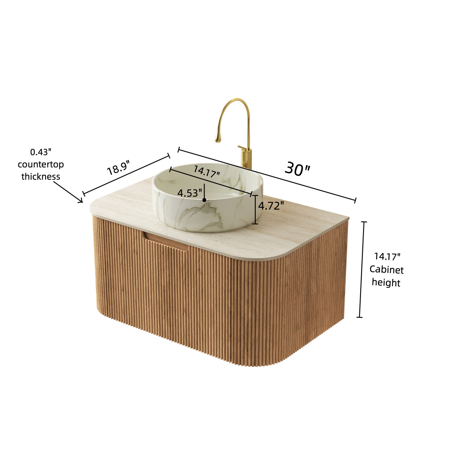 DINA 30" Bathroom Vanity&Sink, Floating Curved Edges Striped Cabinet with Drawer, Round Ceramic Basin with Stone Pattern&Travertine-Pattern Sintered Stone Top, Pre-assembled, Natural Woodgrain Color