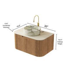DINA 30" Bathroom Vanity&Sink, Floating Curved Edges Striped Cabinet with Drawer, Round Ceramic Basin with Stone Pattern&Travertine-Pattern Sintered Stone Top, Pre-assembled, Natural Woodgrain Color