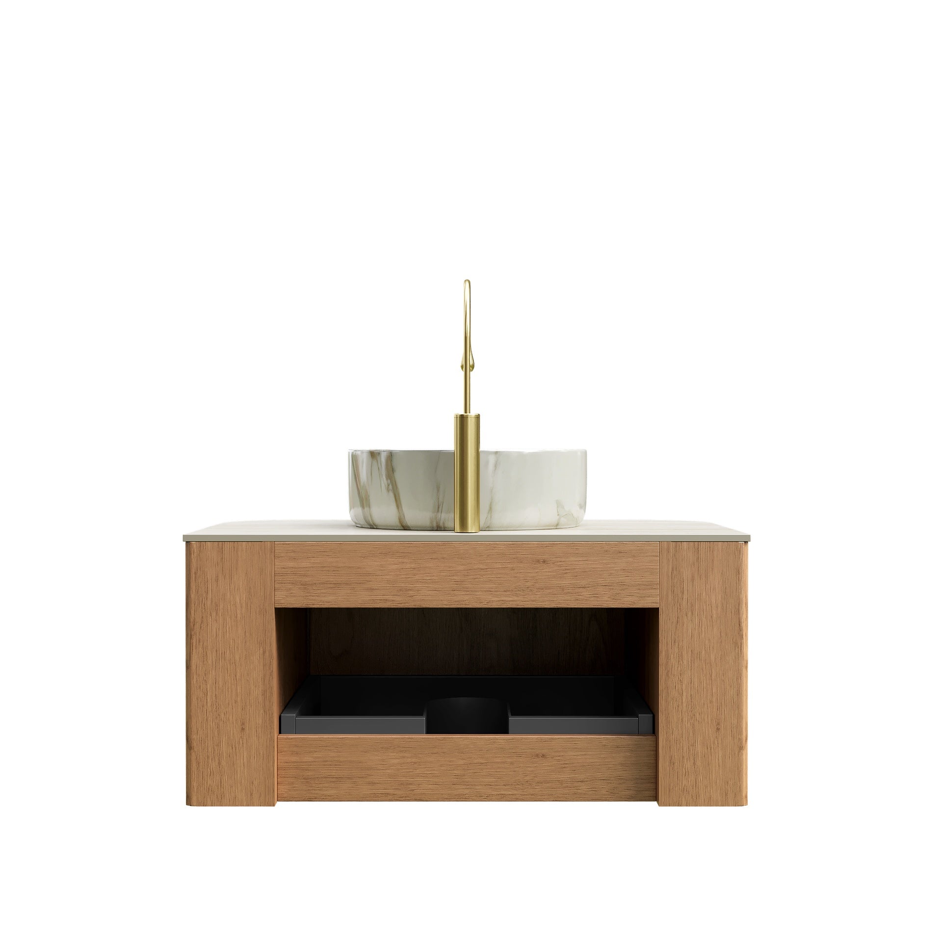 DINA 30" Bathroom Vanity&Sink, Floating Curved Edges Striped Cabinet with Drawer, Round Ceramic Basin with Stone Pattern&Travertine-Pattern Sintered Stone Top, Pre-assembled, Natural Woodgrain Color