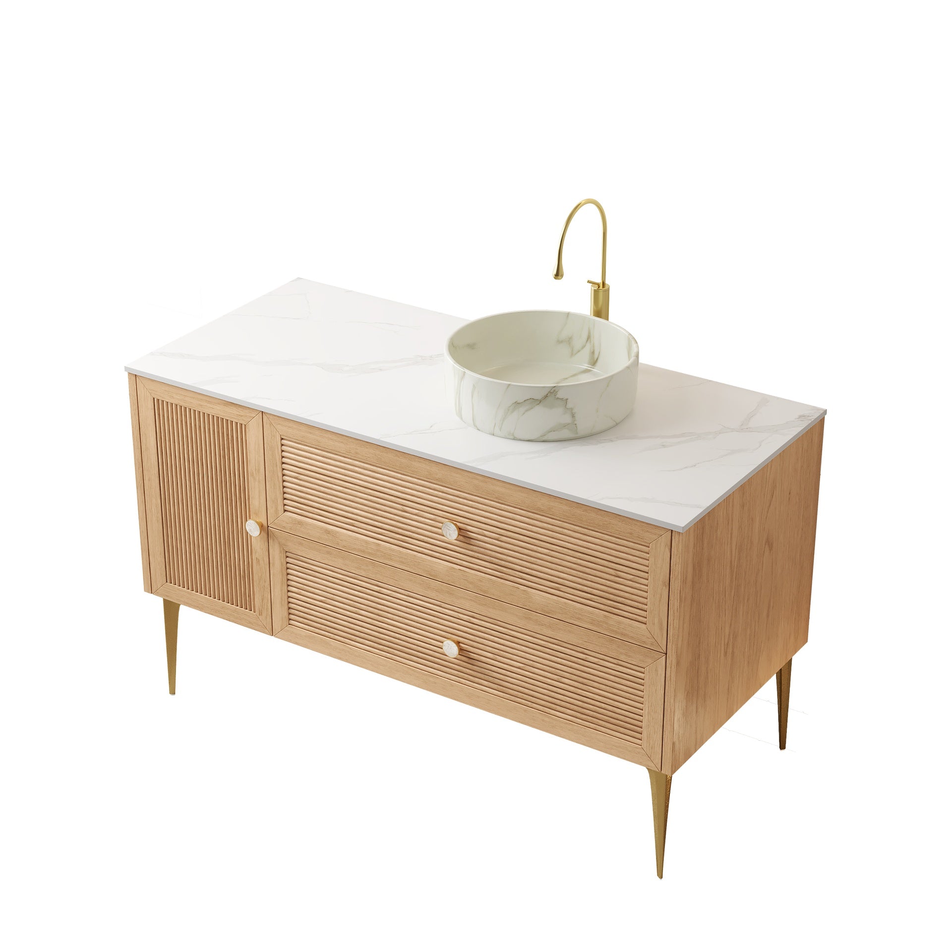 MUNIN 48" Bathroom Vanity with Sink, Freestanding Plywood Storage Cabinet with 4 Metal Legs, Door and 2 Drawers, White Ceramic Basin with Stone Pattern, NO Faucet, Pre-assembled, Oak Woodgrain Color