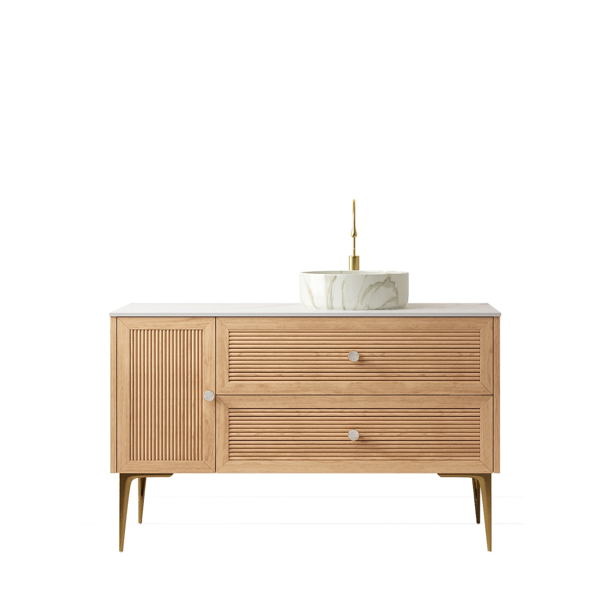 MUNIN 48" Bathroom Vanity with Sink, Freestanding Plywood Storage Cabinet with 4 Metal Legs, Door and 2 Drawers, White Ceramic Basin with Stone Pattern, NO Faucet, Pre-assembled, Oak Woodgrain Color