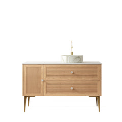 MUNIN 48" Bathroom Vanity with Sink, Freestanding Plywood Storage Cabinet with 4 Metal Legs, Door and 2 Drawers, White Ceramic Basin with Stone Pattern, NO Faucet, Pre-assembled, Oak Woodgrain Color