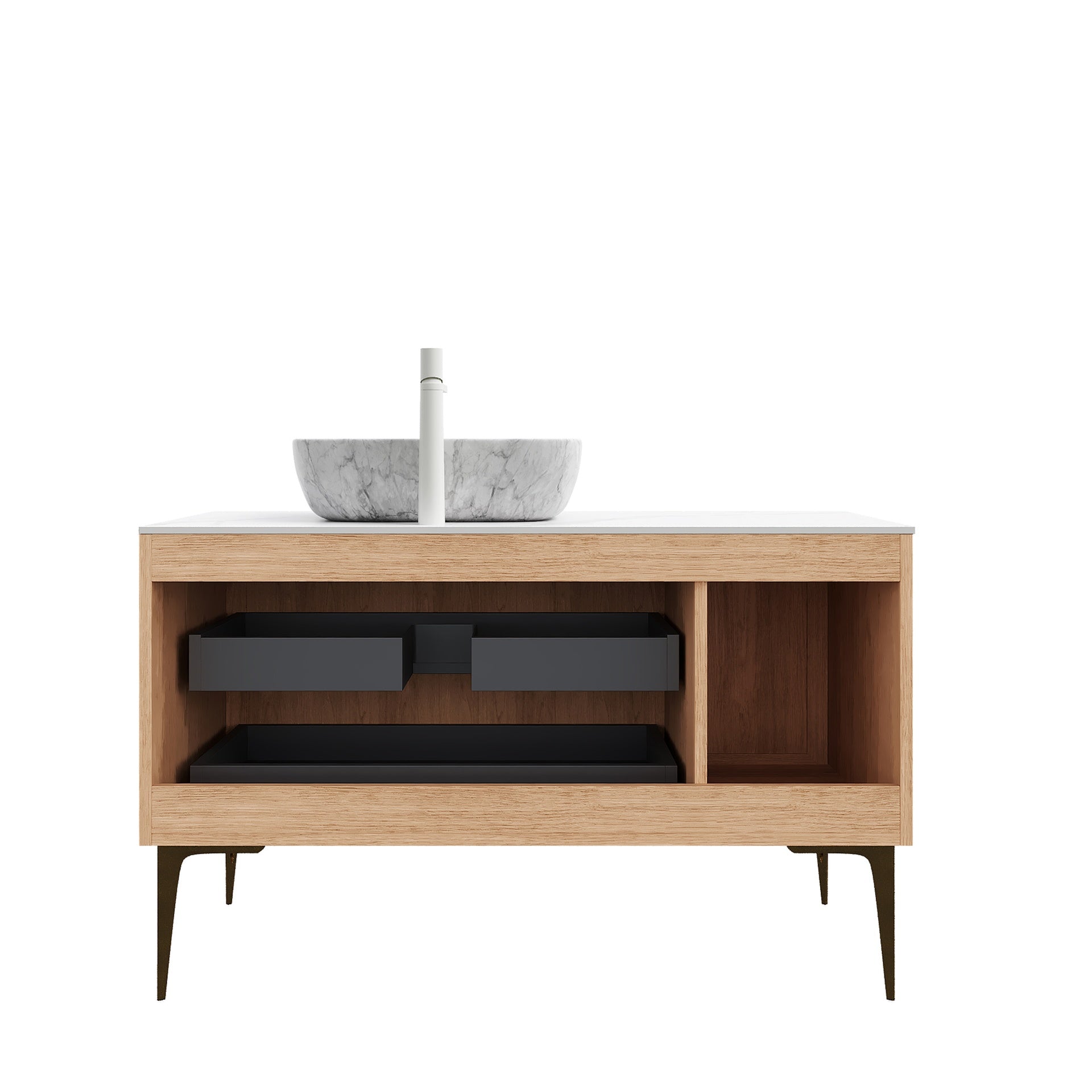 MUNIN 48" Bathroom Vanity&Sink, Freestanding Plywood Storage Cabinet with Legs, 1 Door&2 Drawers, Carrara White Sintered Stone Top&Marble Pattern Rectangle Ceramic Basin, Pre-assembled, Oak Woodgrain