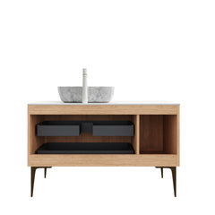 MUNIN 48" Bathroom Vanity&Sink, Freestanding Plywood Storage Cabinet with Legs, 1 Door&2 Drawers, Carrara White Sintered Stone Top&Marble Pattern Rectangle Ceramic Basin, Pre-assembled, Oak Woodgrain