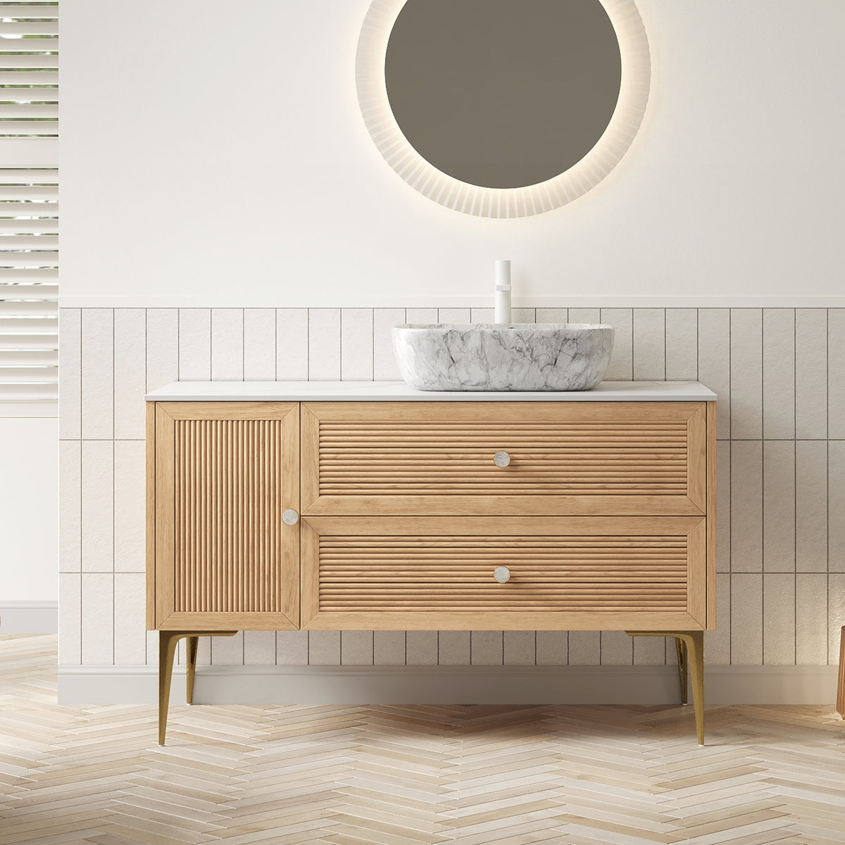 MUNIN 48" Bathroom Vanity&Sink, Freestanding Plywood Storage Cabinet with Legs, 1 Door&2 Drawers, Carrara White Sintered Stone Top&Marble Pattern Rectangle Ceramic Basin, Pre-assembled, Oak Woodgrain