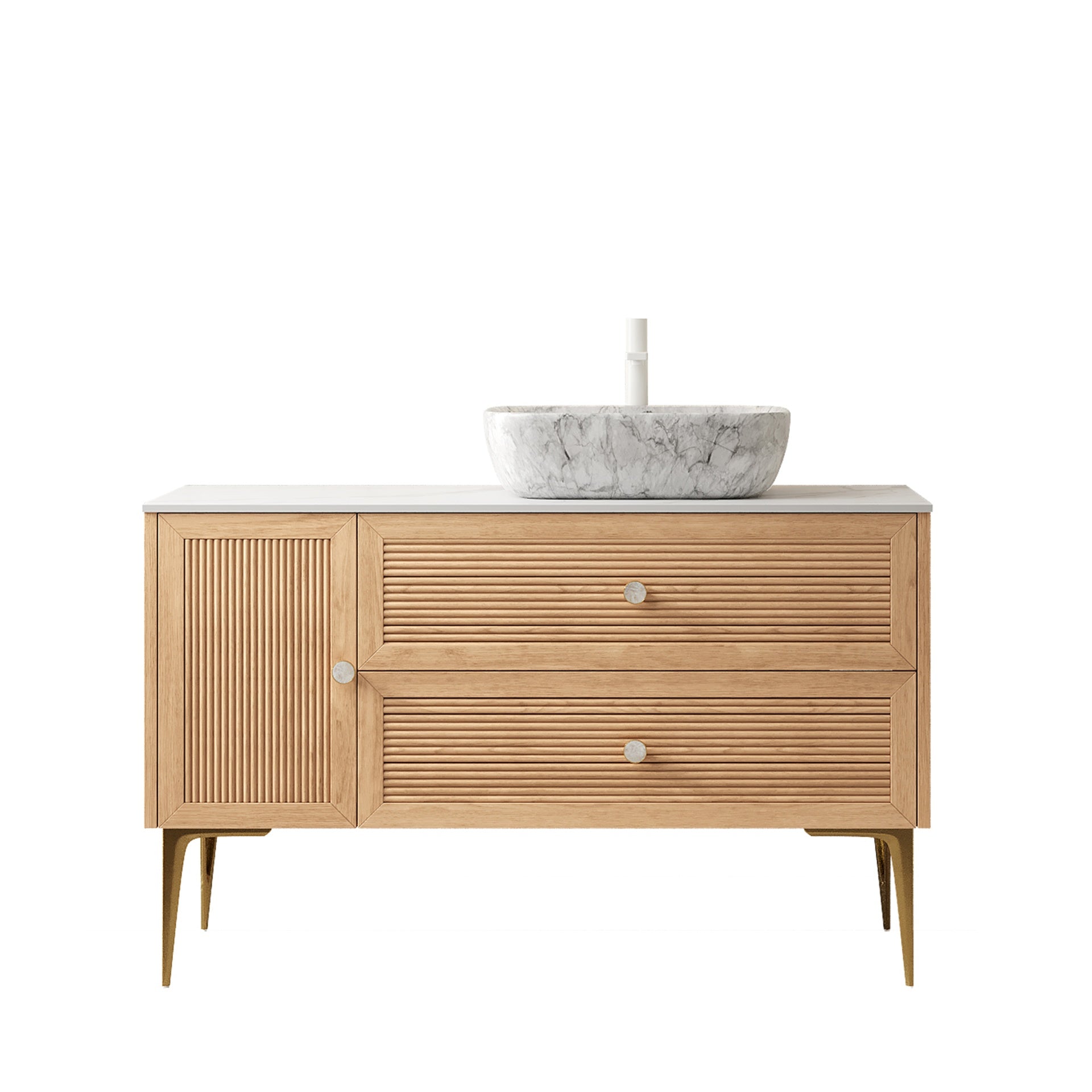 MUNIN 48" Bathroom Vanity&Sink, Freestanding Plywood Storage Cabinet with Legs, 1 Door&2 Drawers, Carrara White Sintered Stone Top&Marble Pattern Rectangle Ceramic Basin, Pre-assembled, Oak Woodgrain