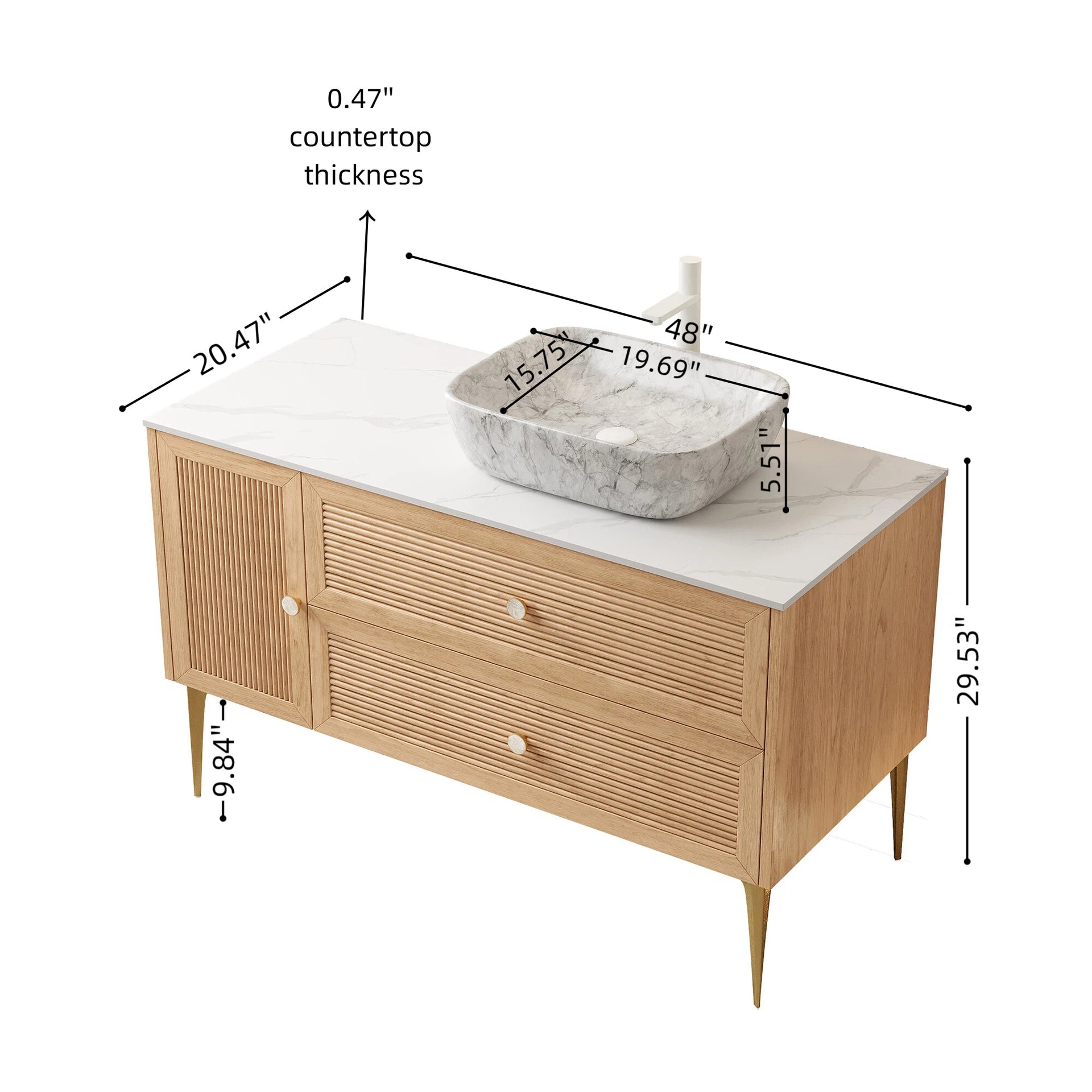 MUNIN 48" Bathroom Vanity&Sink, Freestanding Plywood Storage Cabinet with Legs, 1 Door&2 Drawers, Carrara White Sintered Stone Top&Marble Pattern Rectangle Ceramic Basin, Pre-assembled, Oak Woodgrain