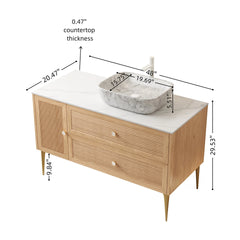 MUNIN 48" Bathroom Vanity&Sink, Freestanding Plywood Storage Cabinet with Legs, 1 Door&2 Drawers, Carrara White Sintered Stone Top&Marble Pattern Rectangle Ceramic Basin, Pre-assembled, Oak Woodgrain