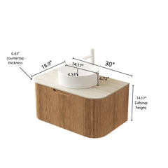 DINA 30" Bathroom Vanity&Sink, Floating Curved Edge Striped Plywood Storage Cabinet with Drawer, White Round Ceramic Basin&Travertine-Pattern Sintered Stone Top, Pre-assembled, Natural Woodgrain Color