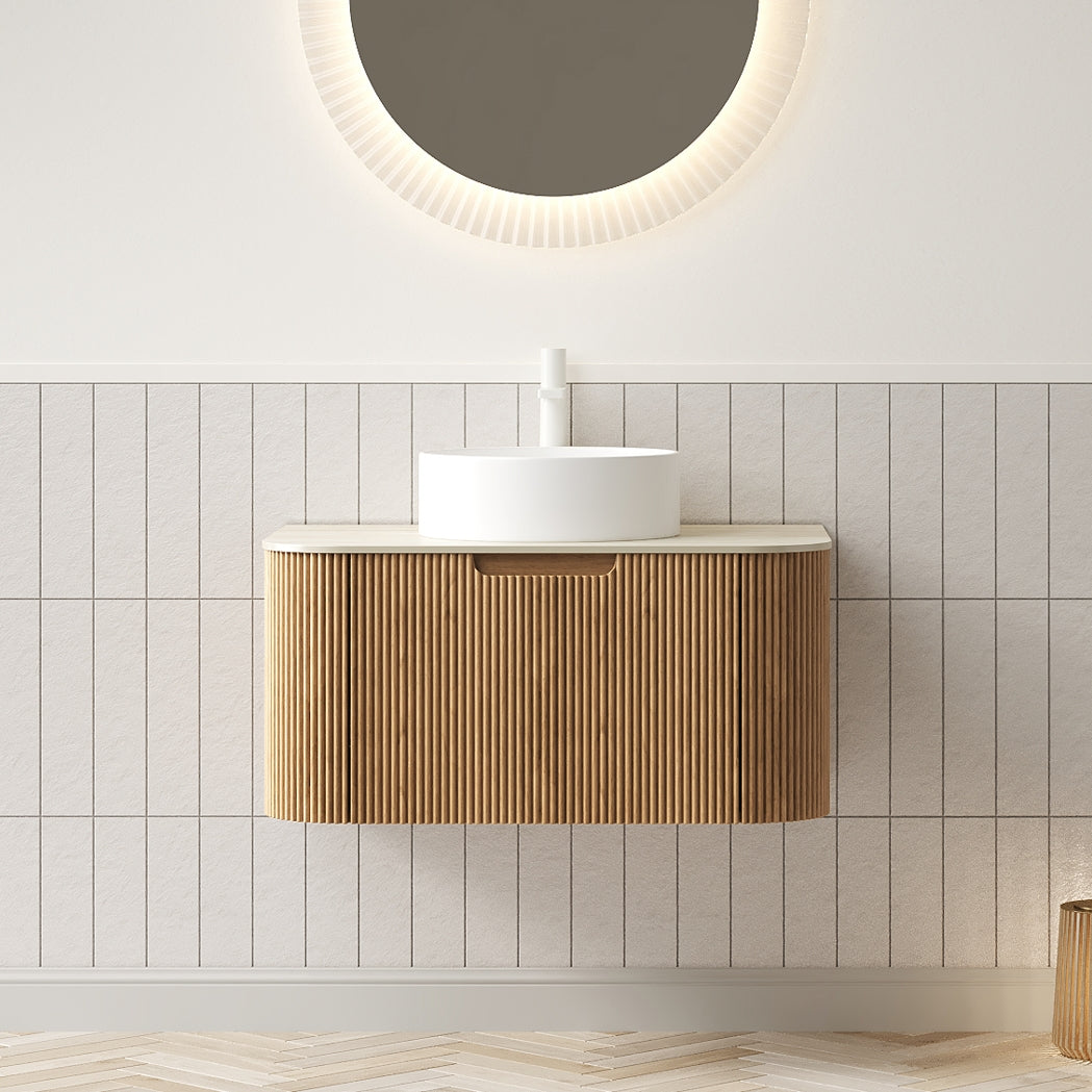 DINA 30" Bathroom Vanity&Sink, Floating Curved Edge Striped Plywood Storage Cabinet with Drawer, White Round Ceramic Basin&Travertine-Pattern Sintered Stone Top, Pre-assembled, Natural Woodgrain Color