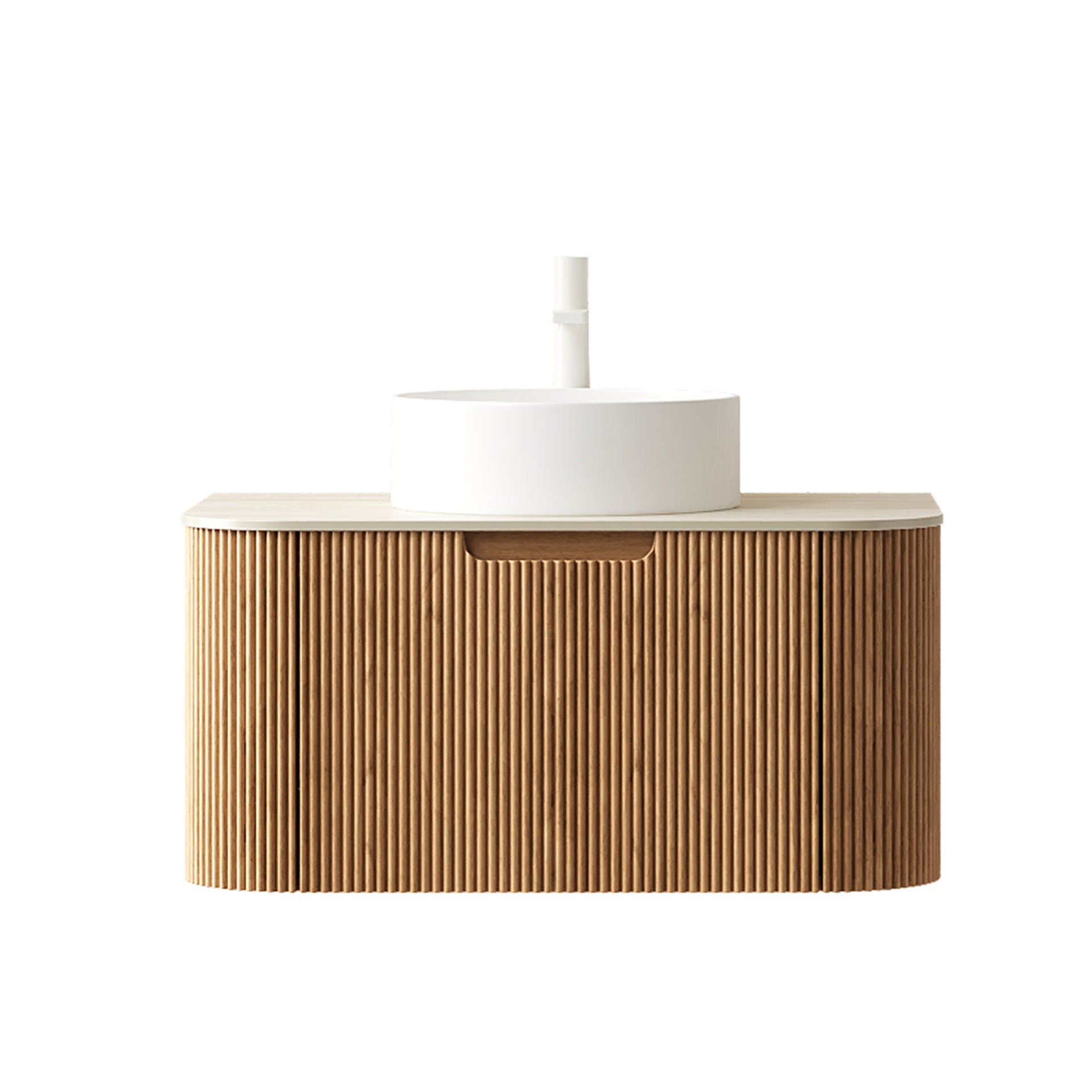 DINA 30" Bathroom Vanity&Sink, Floating Curved Edge Striped Plywood Storage Cabinet with Drawer, White Round Ceramic Basin&Travertine-Pattern Sintered Stone Top, Pre-assembled, Natural Woodgrain Color