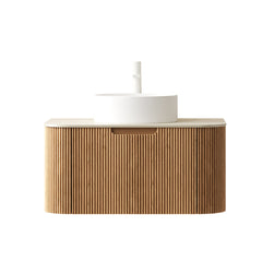 DINA 30" Bathroom Vanity&Sink, Floating Curved Edge Striped Plywood Storage Cabinet with Drawer, White Round Ceramic Basin&Travertine-Pattern Sintered Stone Top, Pre-assembled, Natural Woodgrain Color