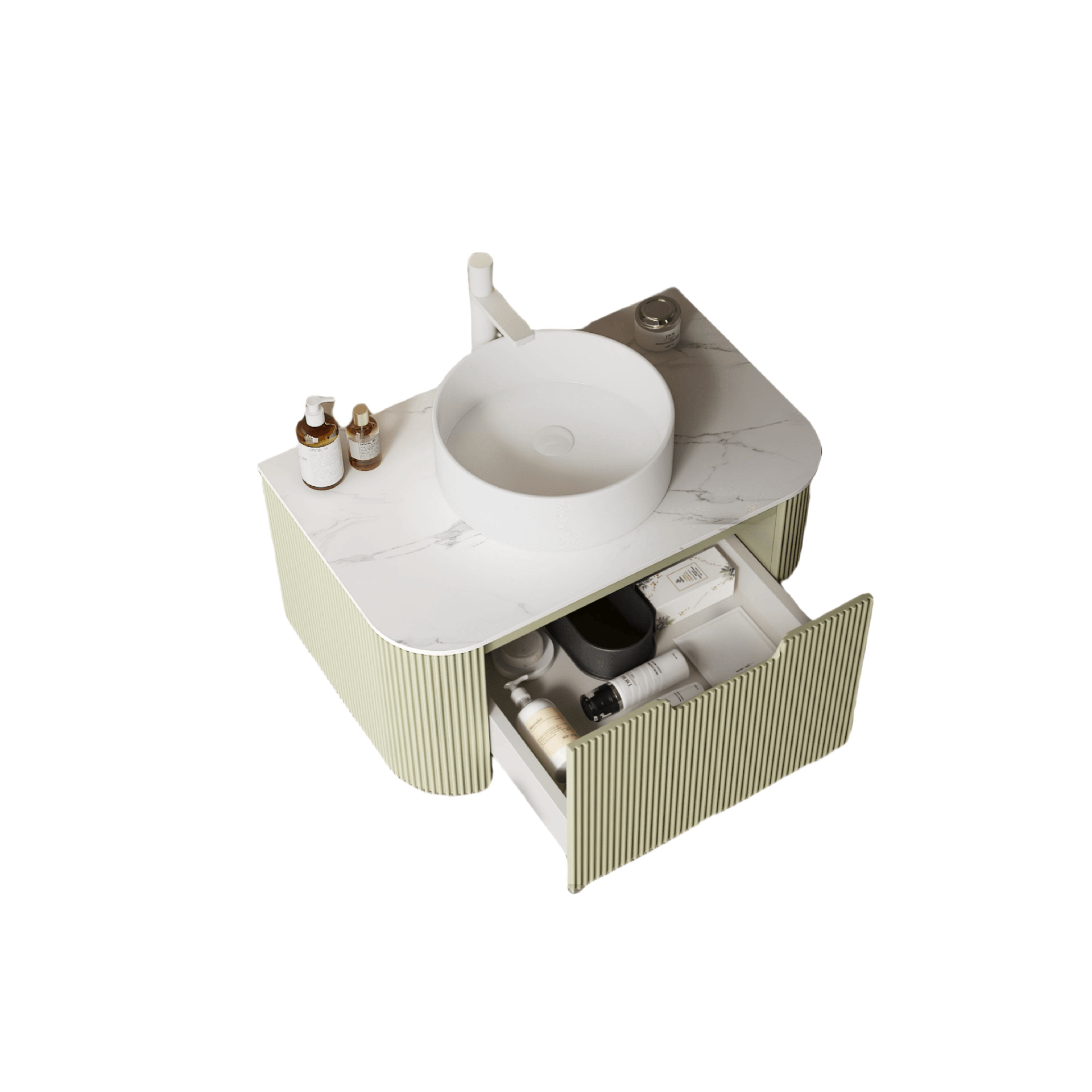 DINA 30" Bathroom Vanity with Sink, Modern Wall-Mounted Floating Curved Edges Striped Bathroom Storage Cabinet with a Drawer, White Round Ceramic Basin without Faucet, Pre-assembled, Light Green Color