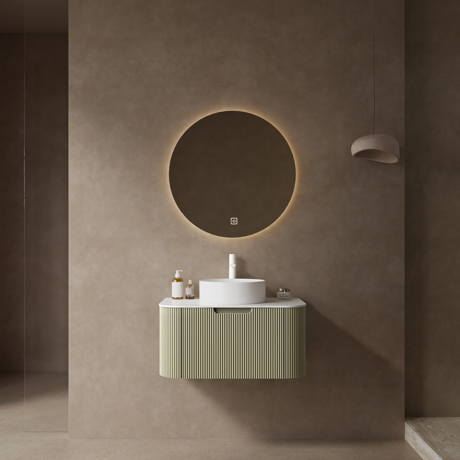 DINA 30" Bathroom Vanity with Sink, Modern Wall-Mounted Floating Curved Edges Striped Bathroom Storage Cabinet with a Drawer, White Round Ceramic Basin without Faucet, Pre-assembled, Light Green Color