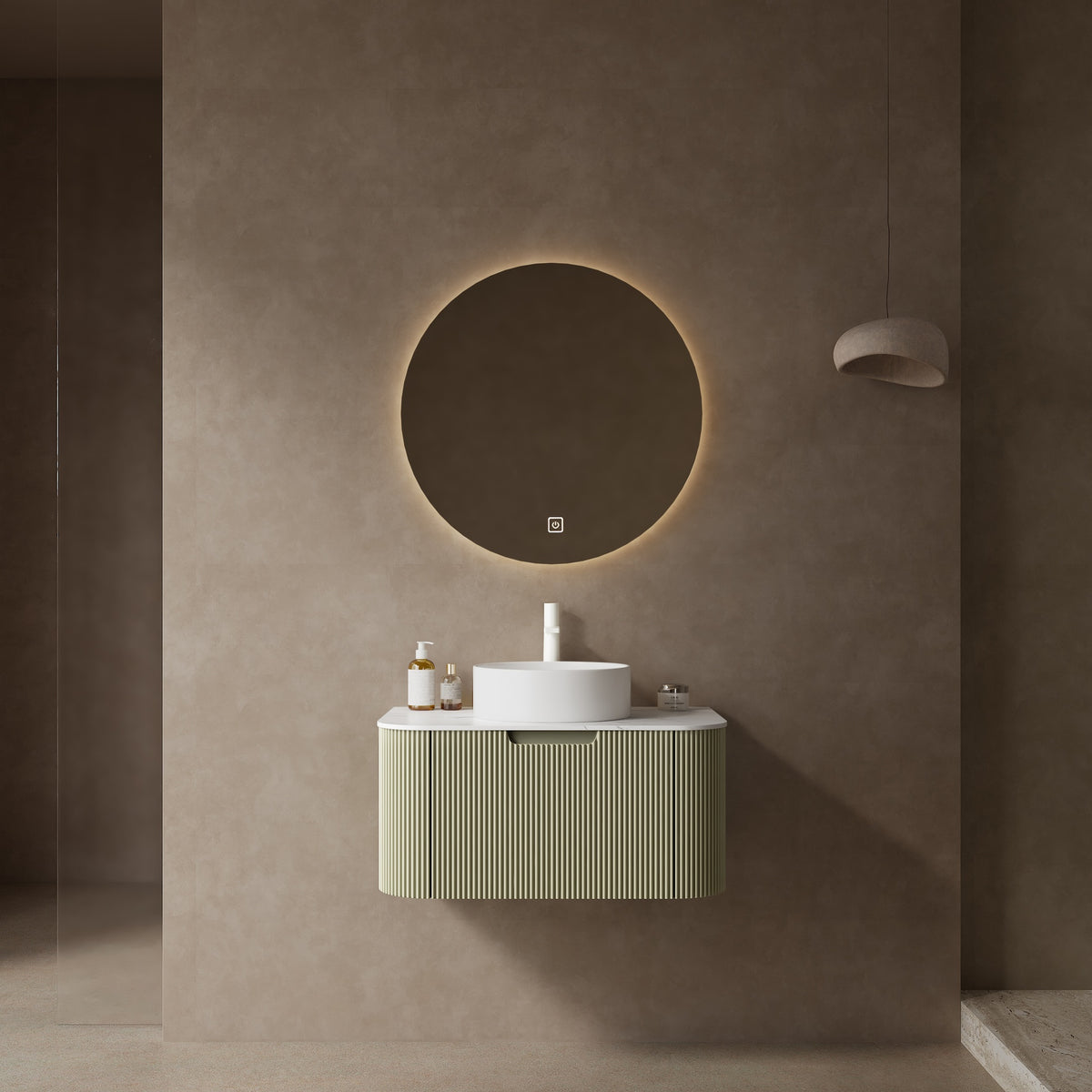 DINA 30" Bathroom Vanity with Sink, Modern Wall-Mounted Floating Curved Edges Striped Bathroom Storage Cabinet with a Drawer, White Round Ceramic Basin without Faucet, Pre-assembled, Light Green Color