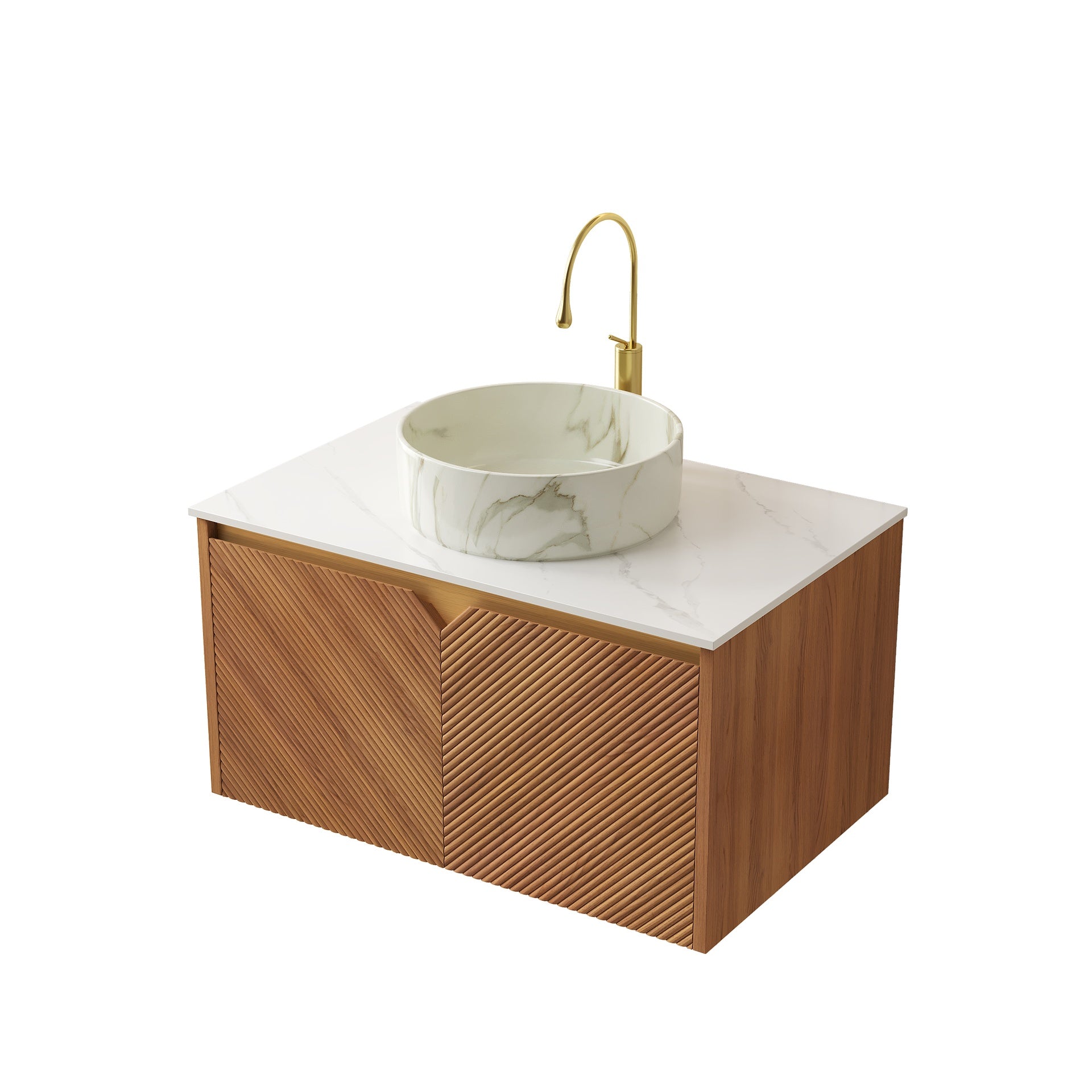 RUBEN 30" Wall-Mounted Brown Oak Plywood Cabinet and Carrara White Sintered Stone Countertop, NO Basin, NO Faucet and Sink Cover