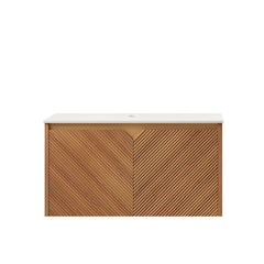 RUBEN 30" Wall-Mounted Brown Oak Plywood Cabinet and Carrara White Sintered Stone Countertop, NO Basin, NO Faucet and Sink Cover