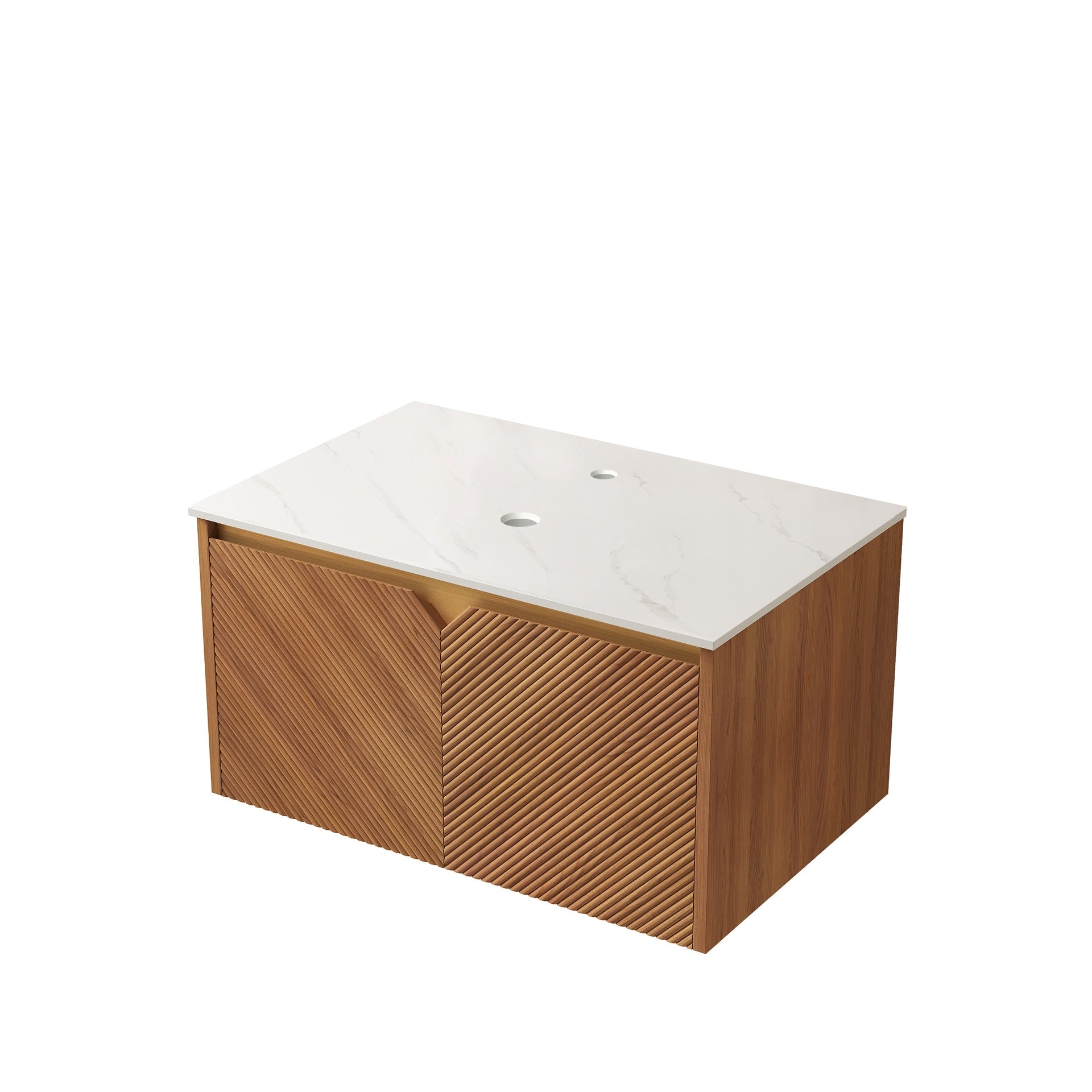 RUBEN 30" Wall-Mounted Brown Oak Plywood Cabinet and Carrara White Sintered Stone Countertop, NO Basin, NO Faucet and Sink Cover