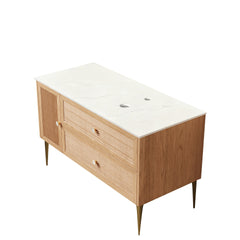 MUNIN 48" Freestanding Bathroom Light Oak Woodgrain Plywood Cabinet with Carrara White Sintered Stone Counter Top, Two Drawers and One Door, NO Basin, NO Faucet and Sink Cover
