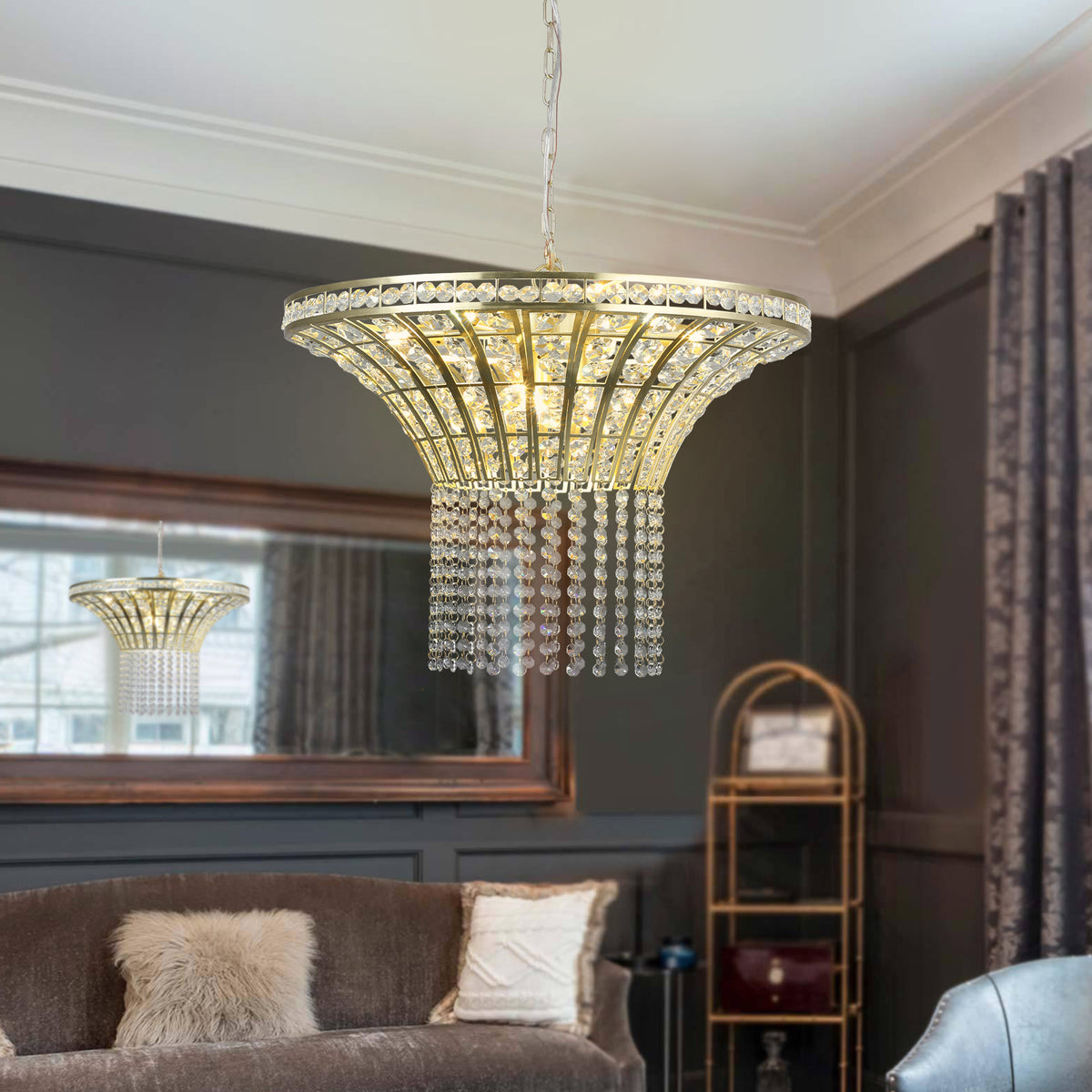 24" Modern Crystal Round Chandelier with Gold Finish, Elegant Pendant Light with Cascading Beads, for Dining Room, Living Room, or Foyer (No Bulbs)